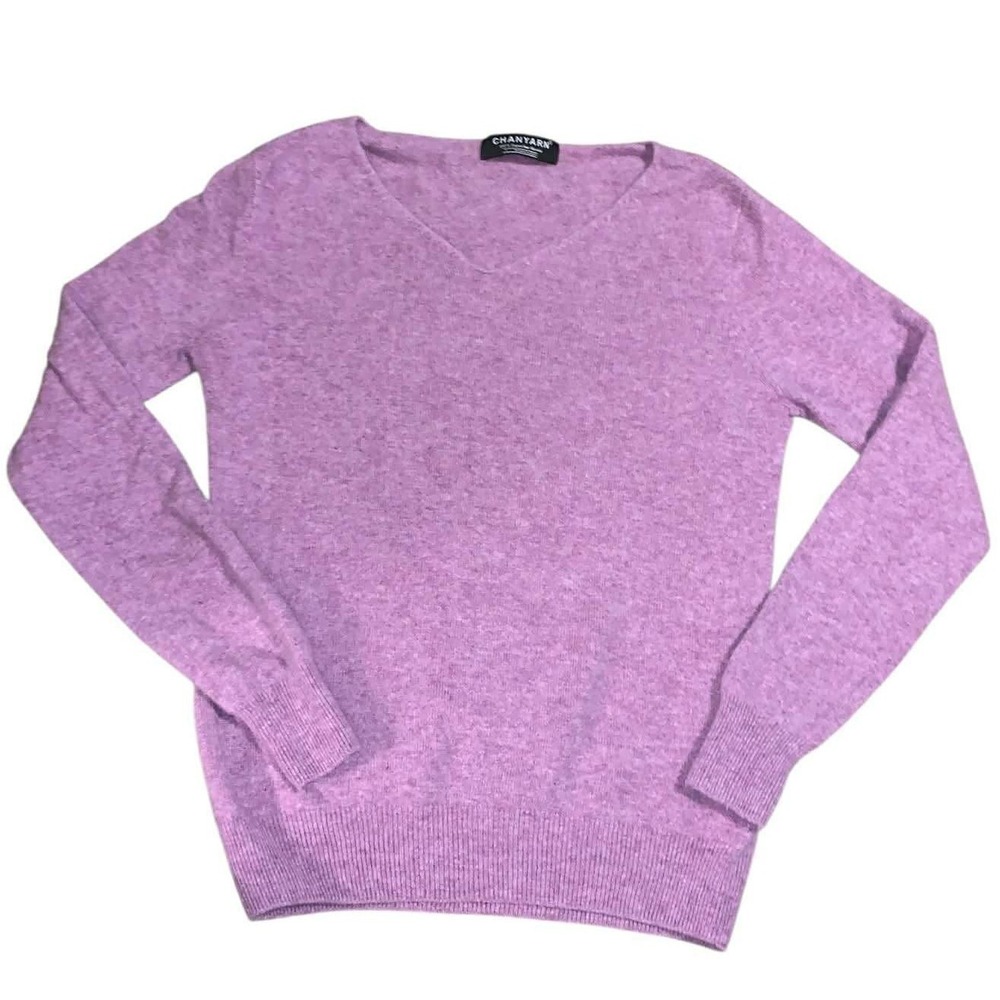 Chanyarn Sweater 100% Superfine Merino Wool S Purple V-Neck Knit Cottagecore
